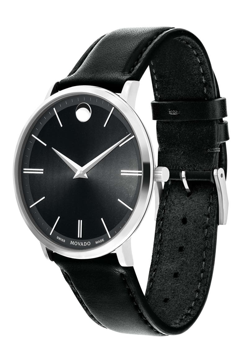 'Ultra Slim' Leather Strap Watch, 40mm, Alternate, color, BLACK/ BLACK