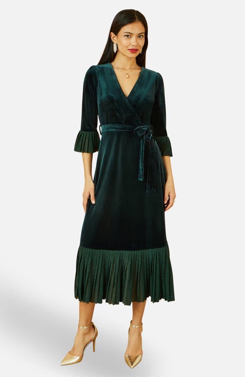 Yumi Velvet Wrap V-neck Midi Dress In Green