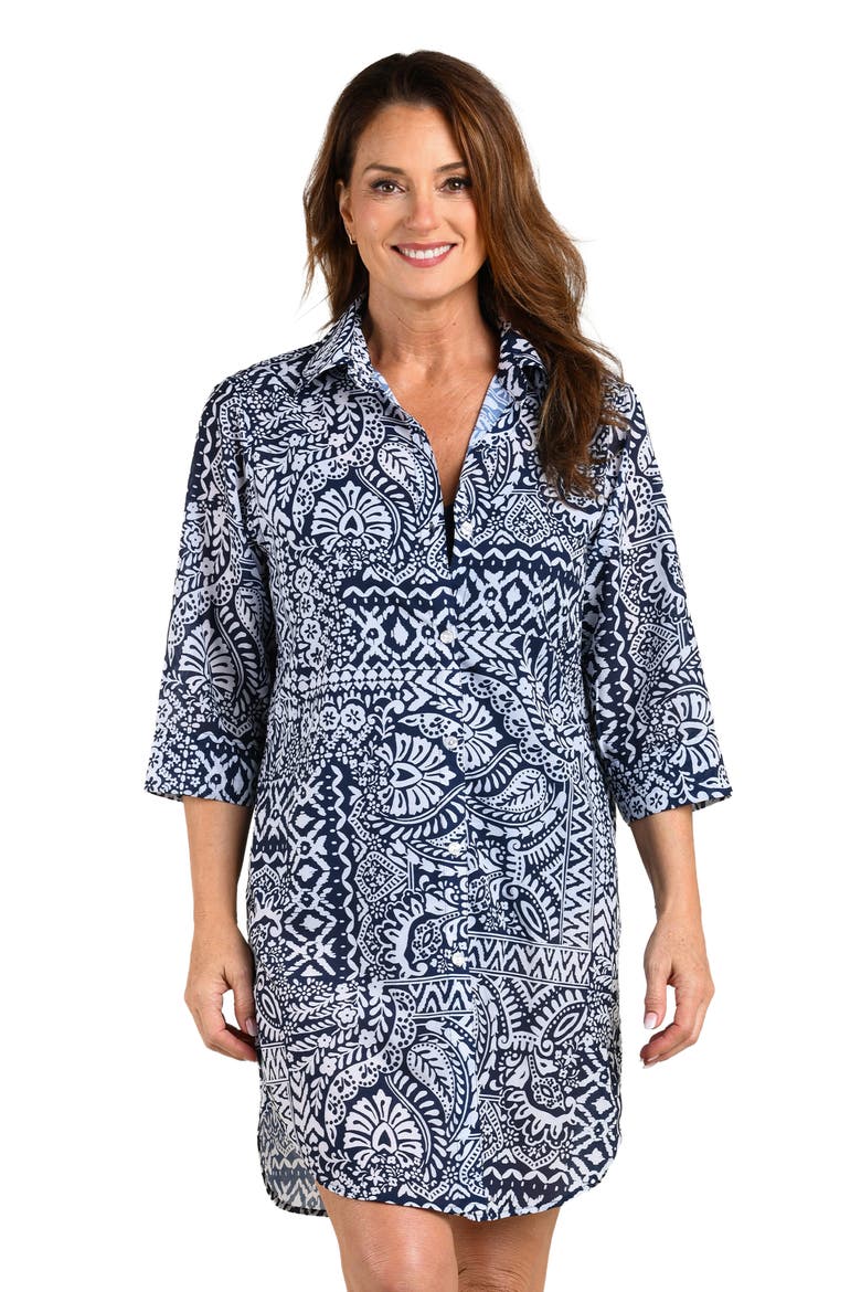 Island Bohemia Button Down Tunic Cover-Up, Alternate, color, INDIGO