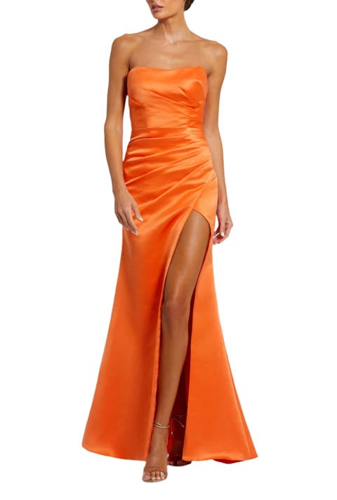 Strapless Gathered High Slit Gown