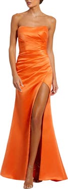 Mac Duggal Strapless Gathered High Slit Gown
