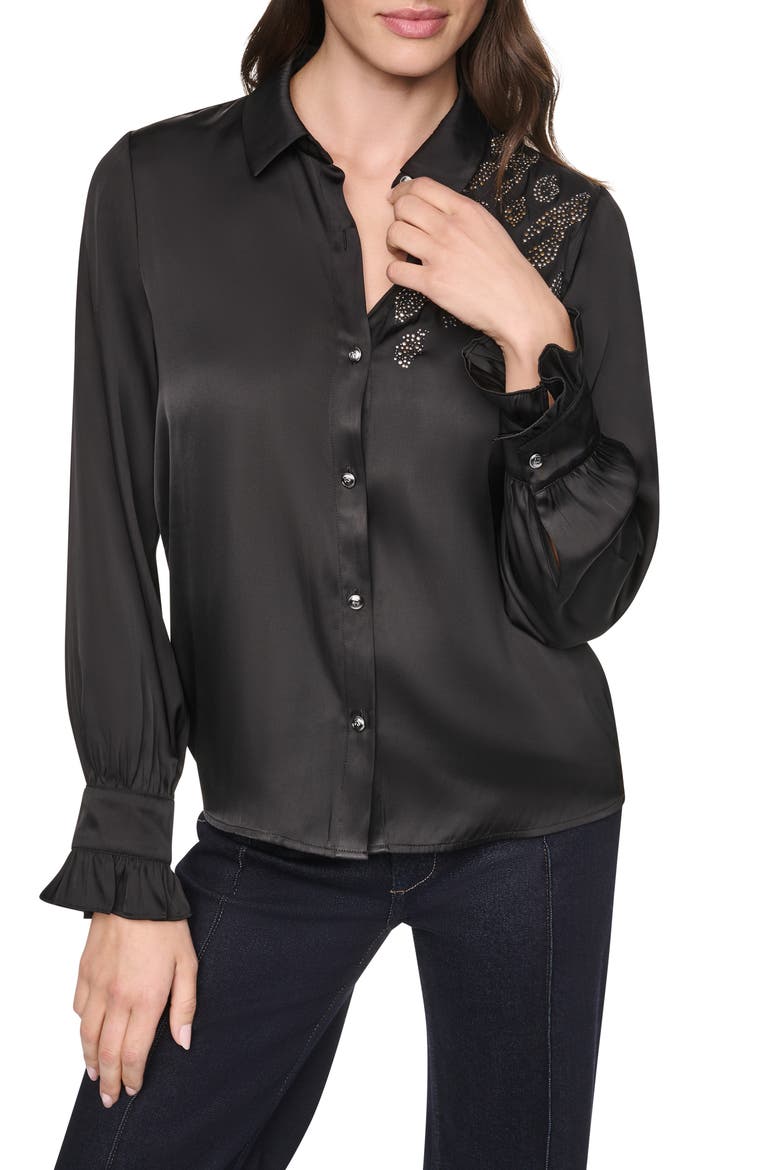 Animal Heat Set Studs Satin Button-Up Shirt, Main, color, BLACK