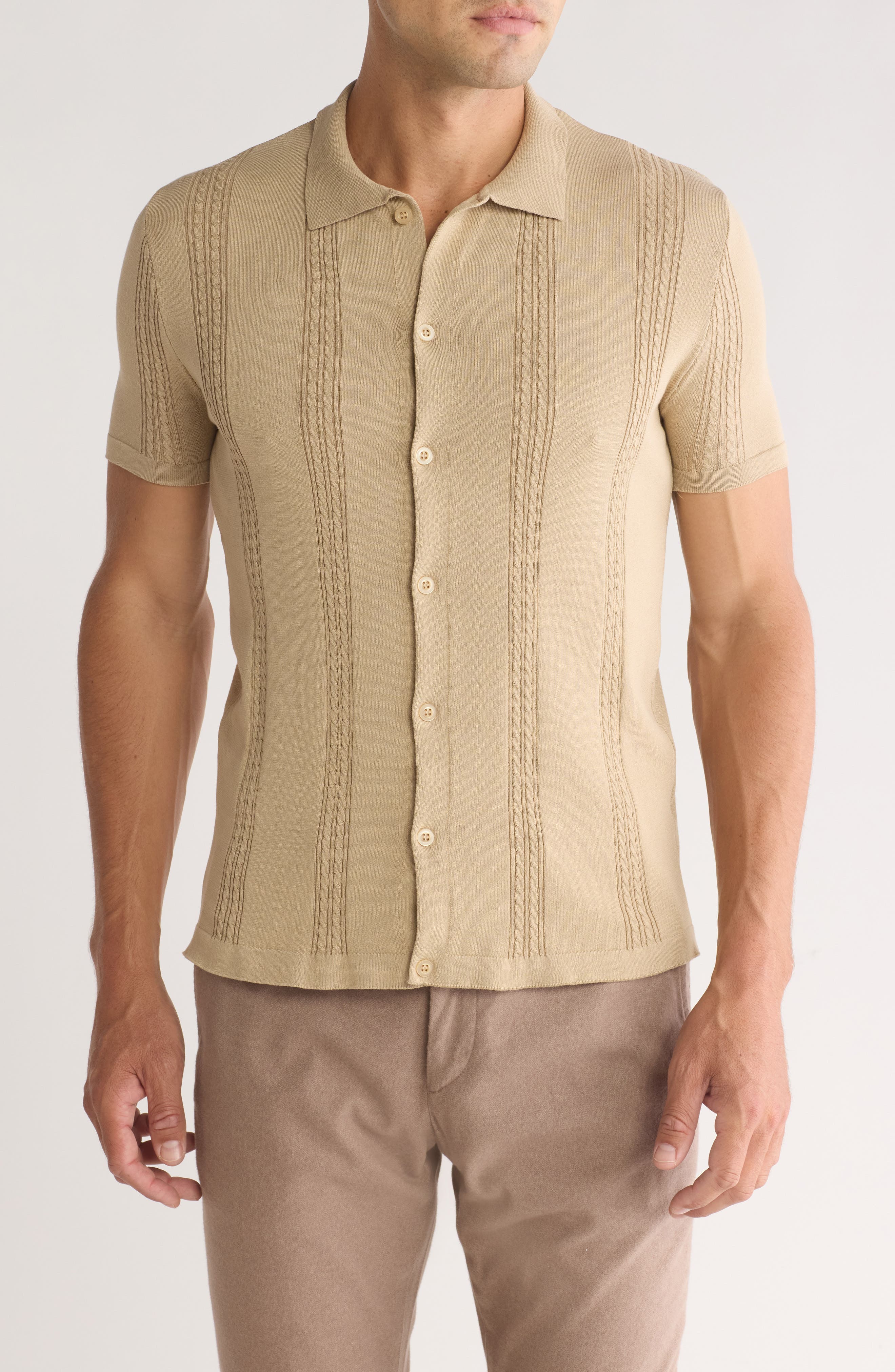 T.R. PREMIUM Knit Short Sleeve Button-Up Shirt