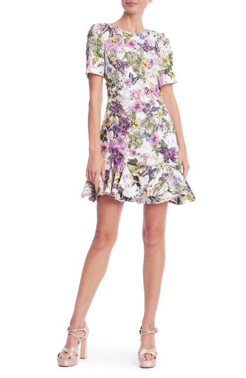 Badgley Mischka Collection Embellished Floral A-line Dress In White Multi
