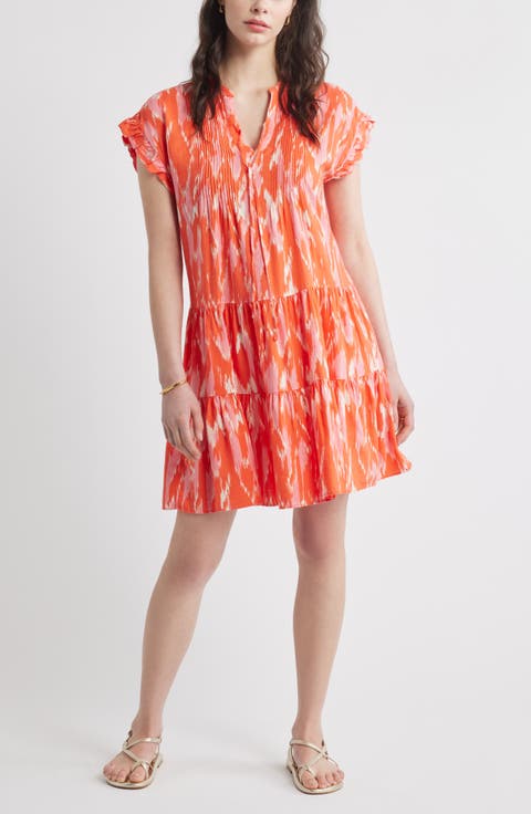 Ruffle Sleeve Linen Blend Tiered Dress