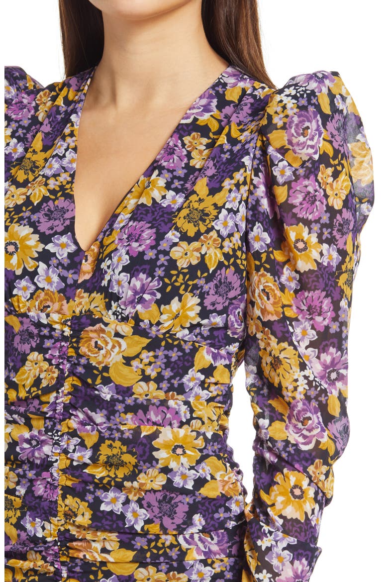 Ruched Long Sleeve Minidress, Alternate, color, MUSTARD PURPLE FLORAL