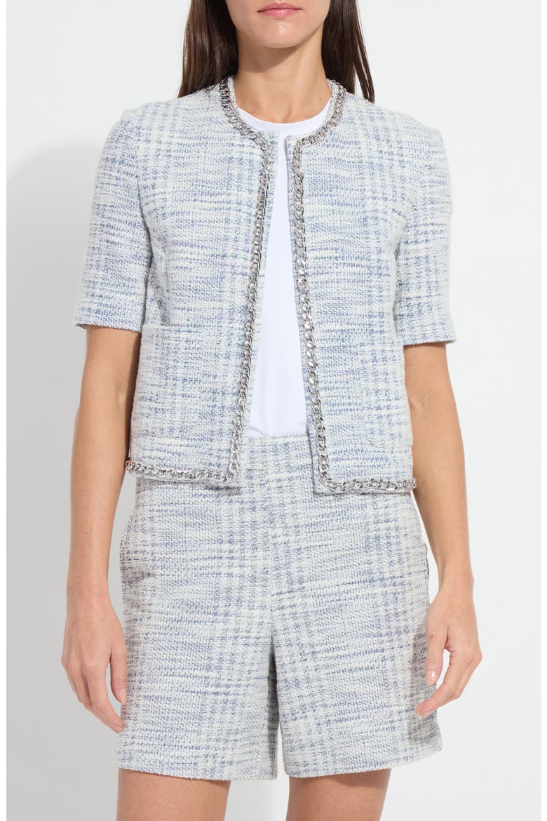 Lily Short Sleeve Summer Tweed Jacket, Main, color, AZZURRO TWEED