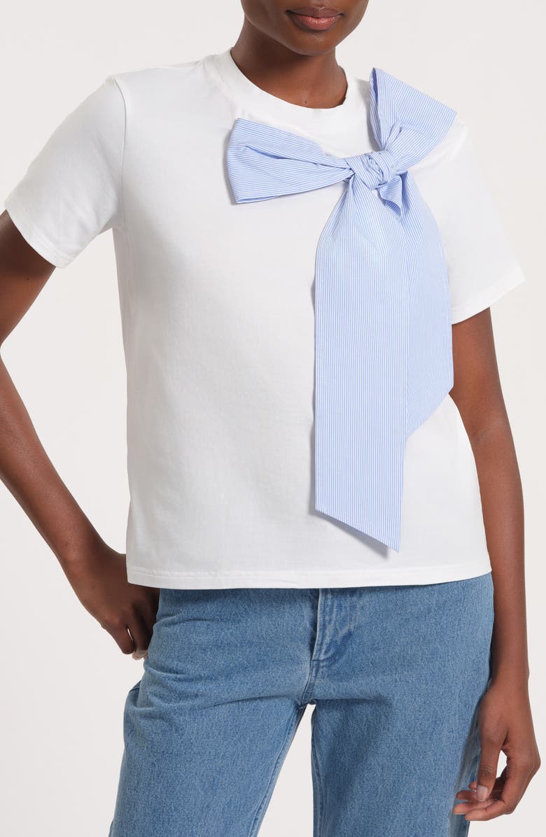 Isaac Mizrahi New York Striped Bow Stretch Cotton T-Shirt, Main, color, White Blue