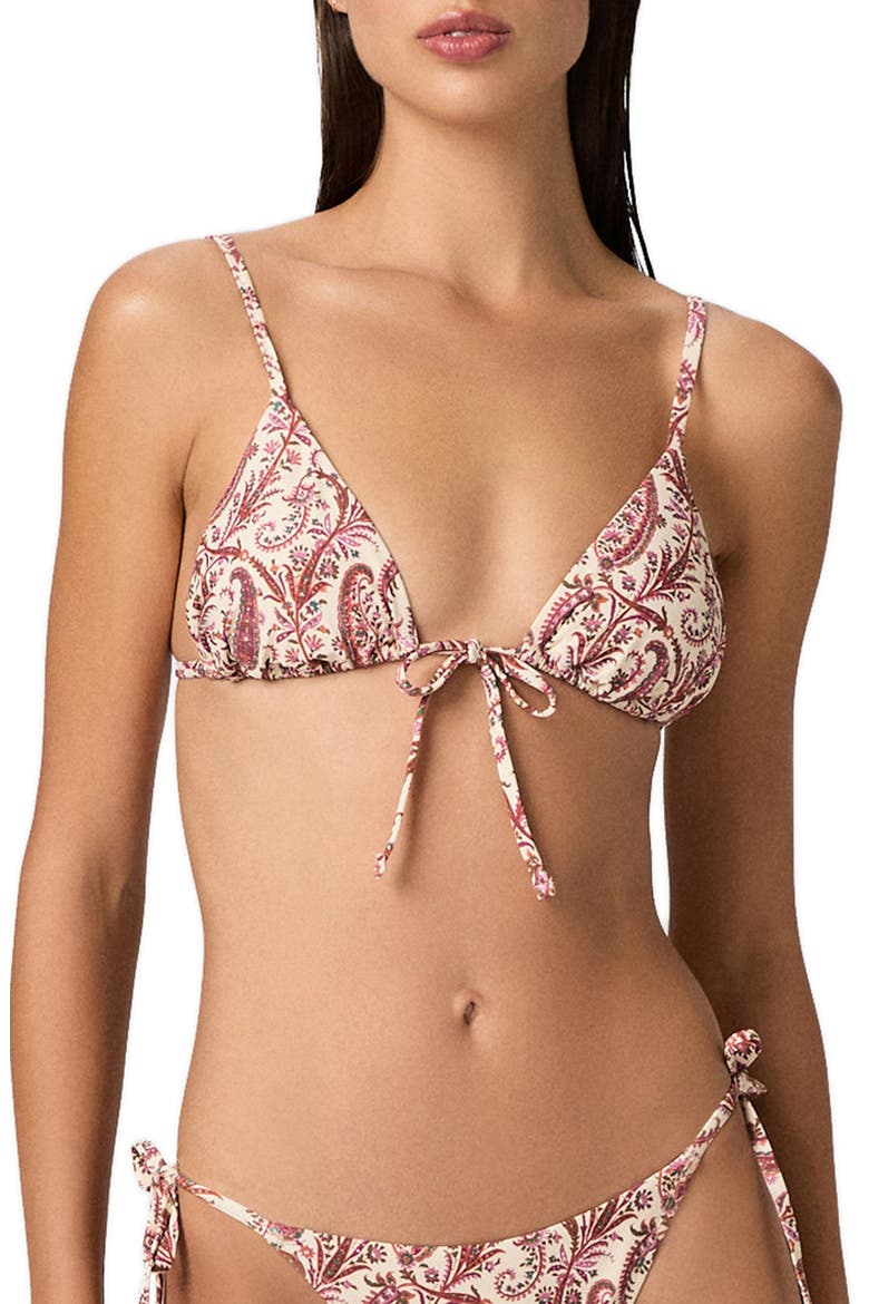 Cameron Tie Front Triangle Bikini Top, Main, color, CREAM MULTI