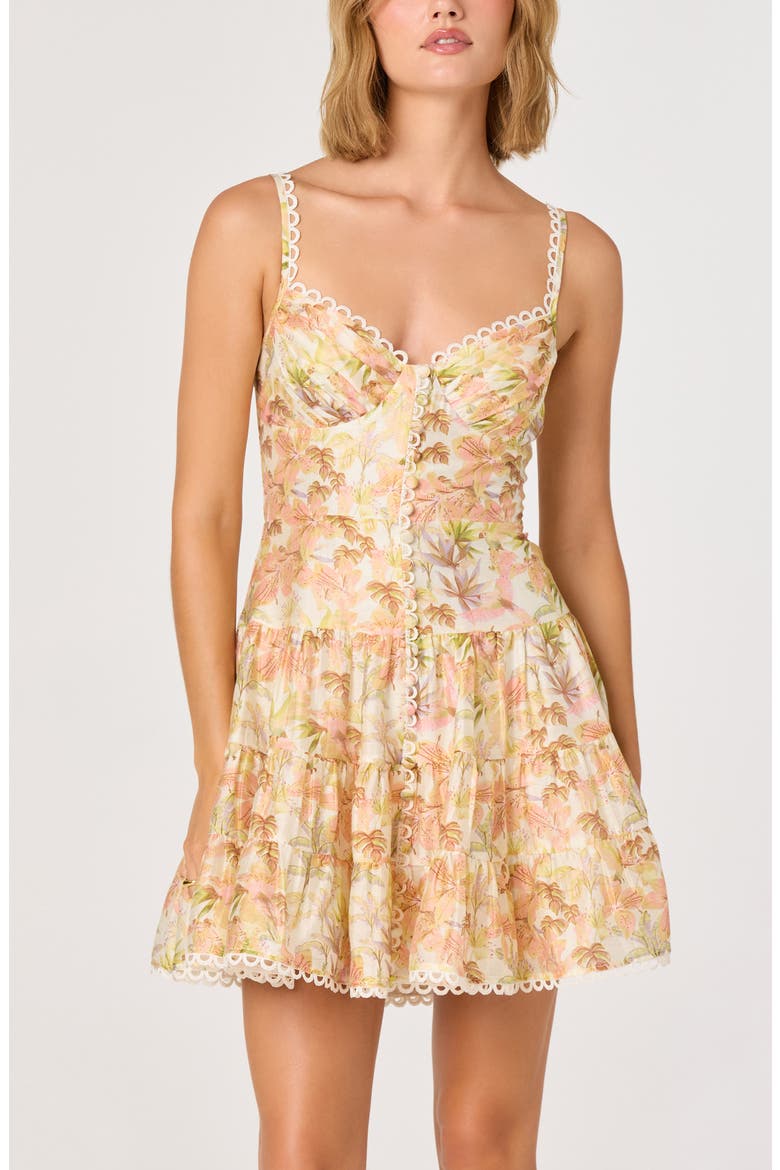 Tazia Leaf Print Scallop Trim Minidress, Alternate, color, YELLOW PINK FLORAL