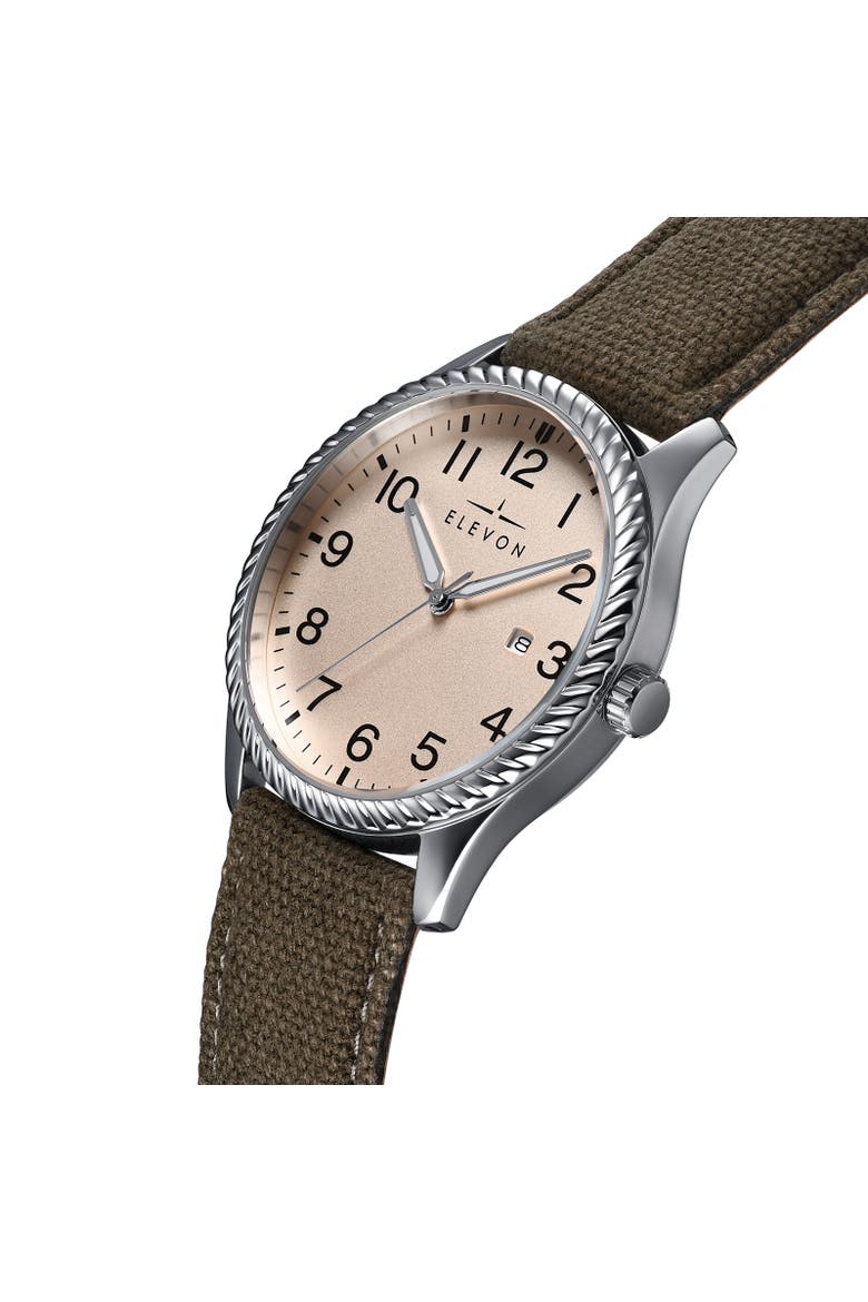 Crosswind Canvas-Overlaid Leather-Band Watch w/ Date, Alternate, color, Tan/Olive