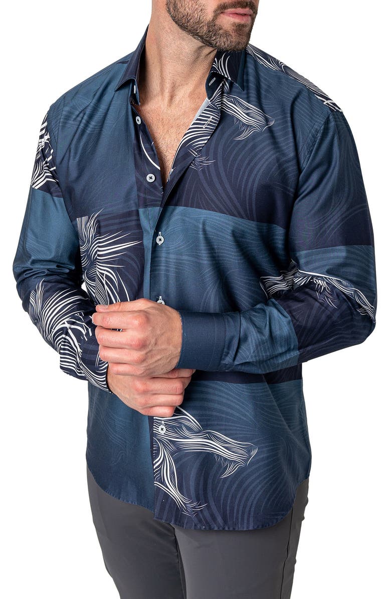 Maceoo Fibonacci Wolf Wave Cotton Button-Up Shirt, Alternate, color, Blue