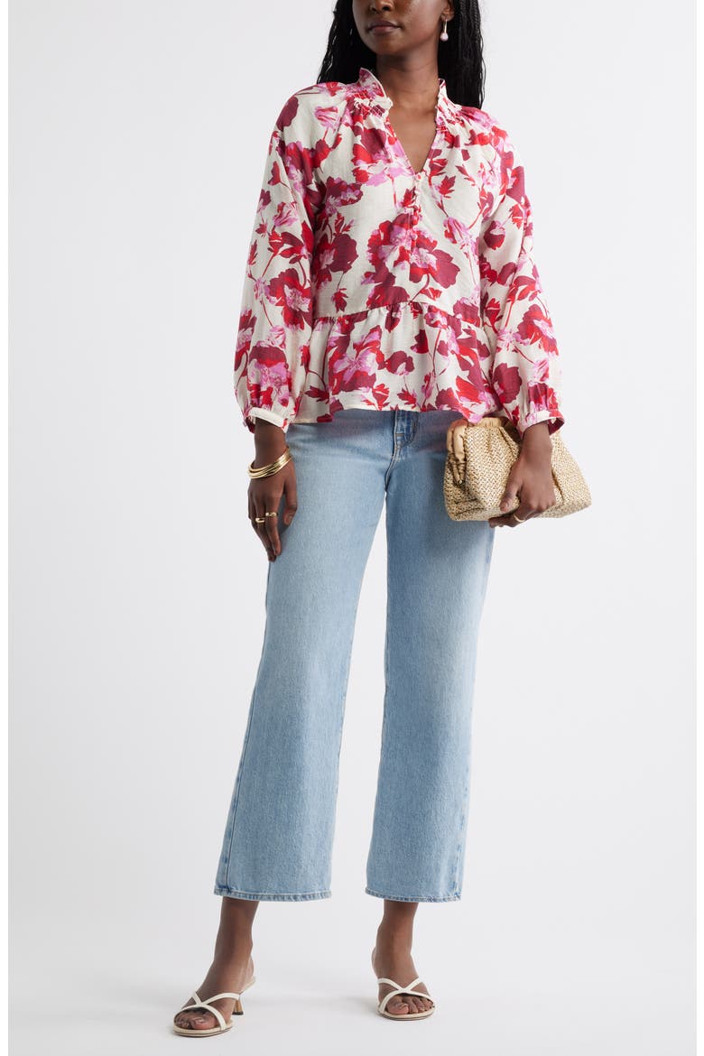 Floral Print Peplum Blouse, Alternate, color, IVORY- RED BLOOMING COSMOS