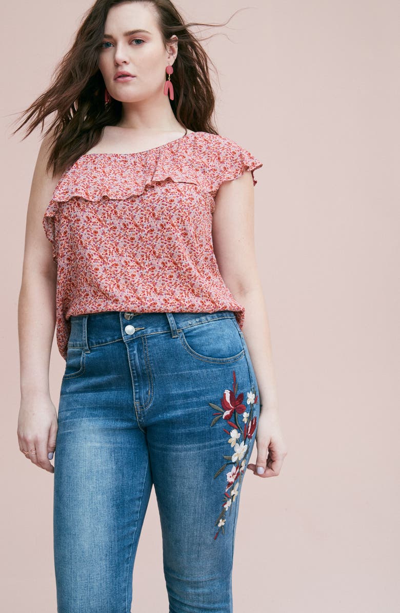 City Chic Harley Floral Embroidered Skinny Jeans, Alternate, color, 