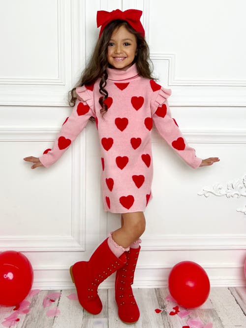 MIA BELLE GIRLS MIA BELLE GIRLS KIDS' WARMS MY HEART PINK TURTLENECK SWEATER DRESS