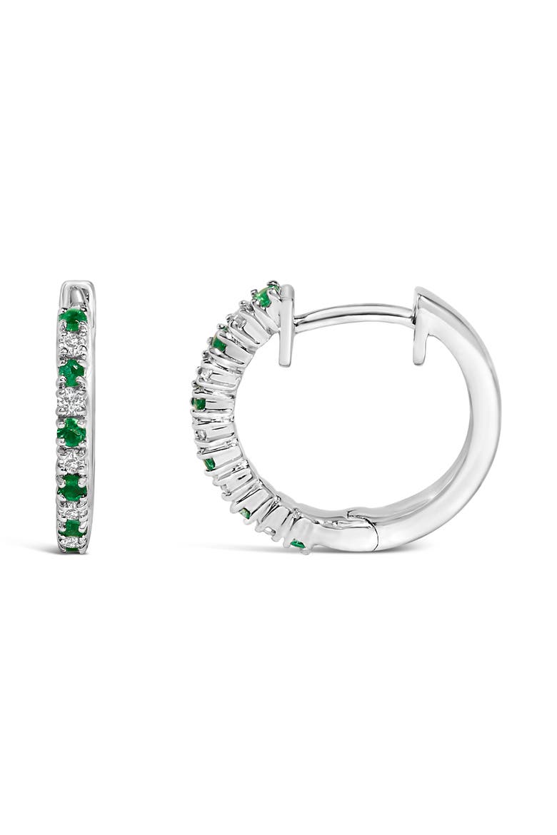 10K White Gold Alternating Emerald 1/10 Ct Diamond Huggy Hoop Earrings, Alternate, color, White