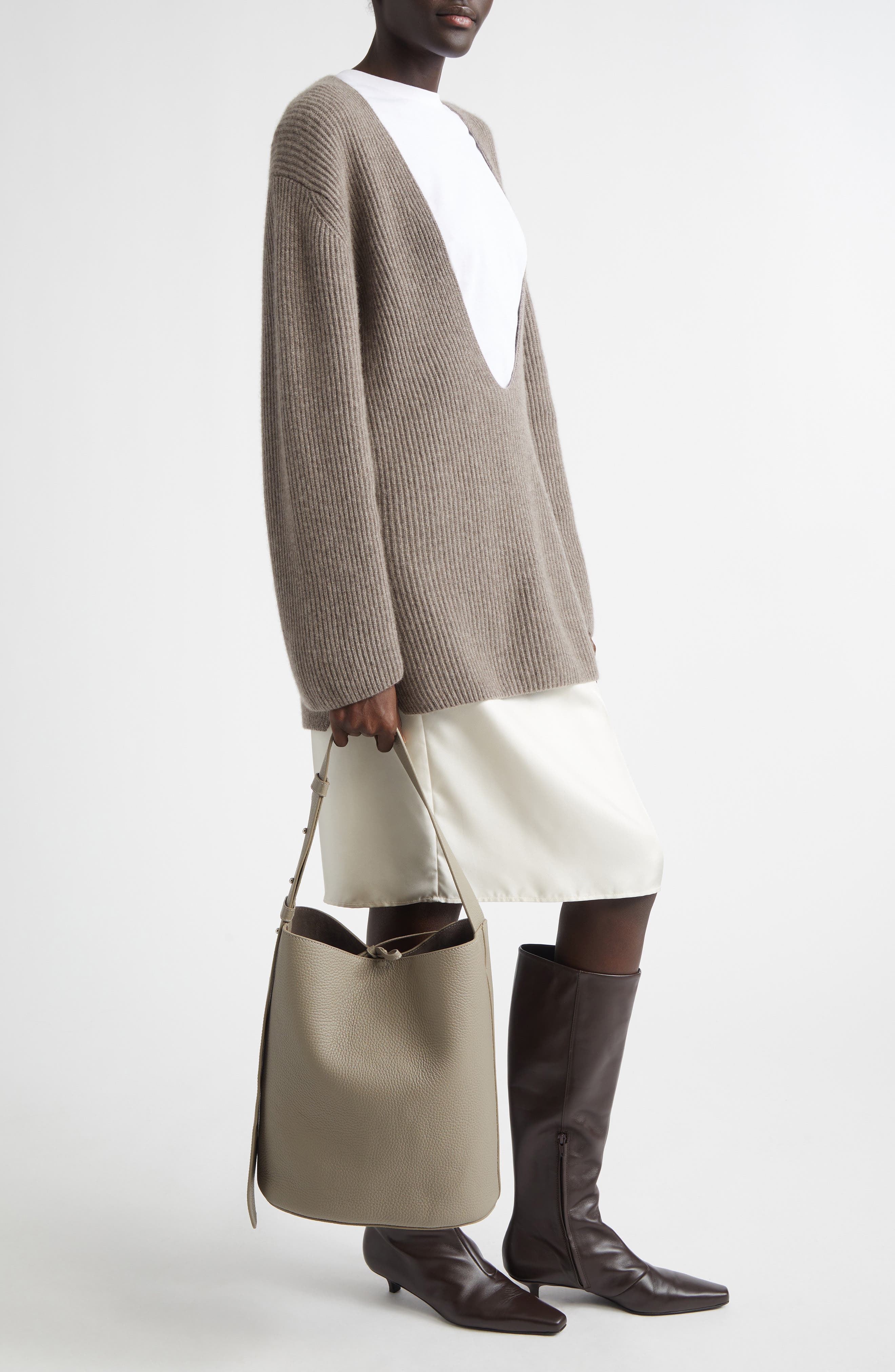 Lié Studio Norma Leather Bucket Tote, Alternate, color, Beige Grosgrain