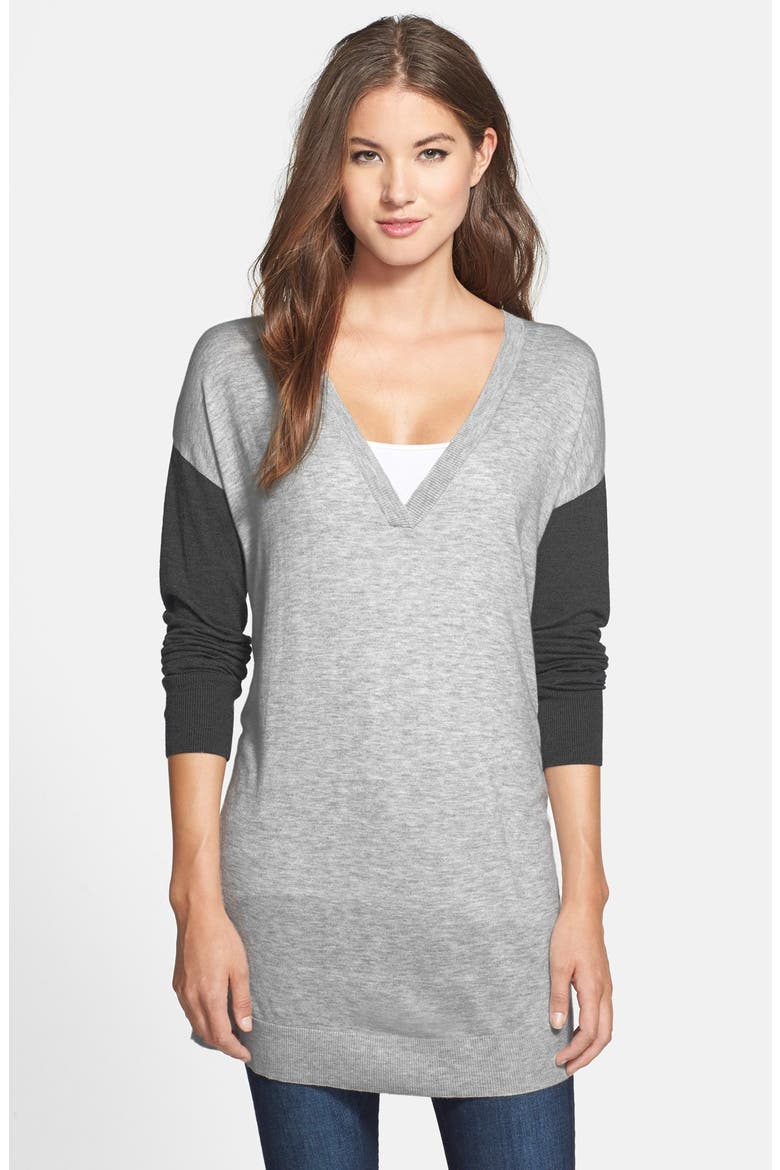 Back Zip V-Neck Tunic Sweater, Main, color, GREY- CHARCOAL COLORBLOCK
