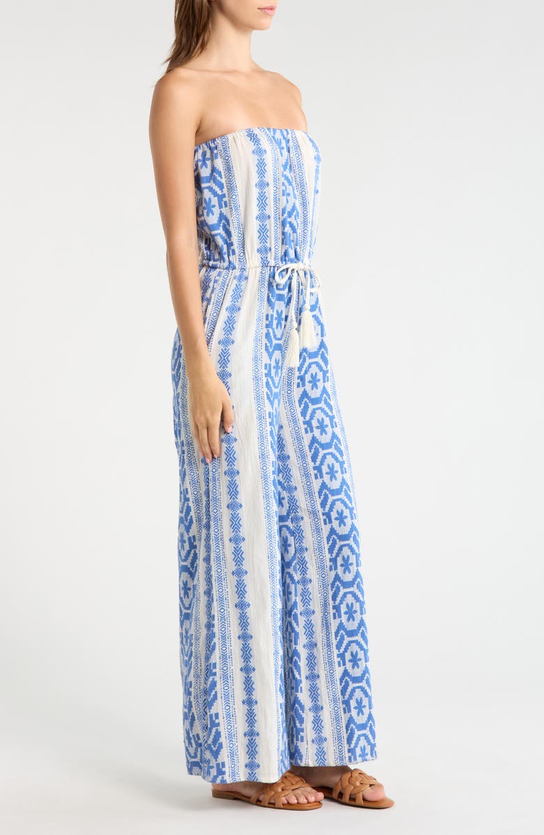 Elan Embroidered Strapless Cover-Up Jumpsuit, Alternate, color, Natural Blue