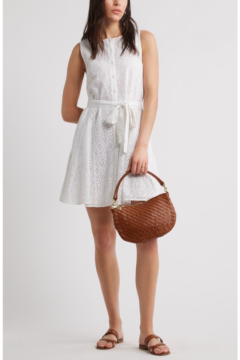 Sleeveless Cotton Eyelet Belted Dress, Alternate, color, WHITE
