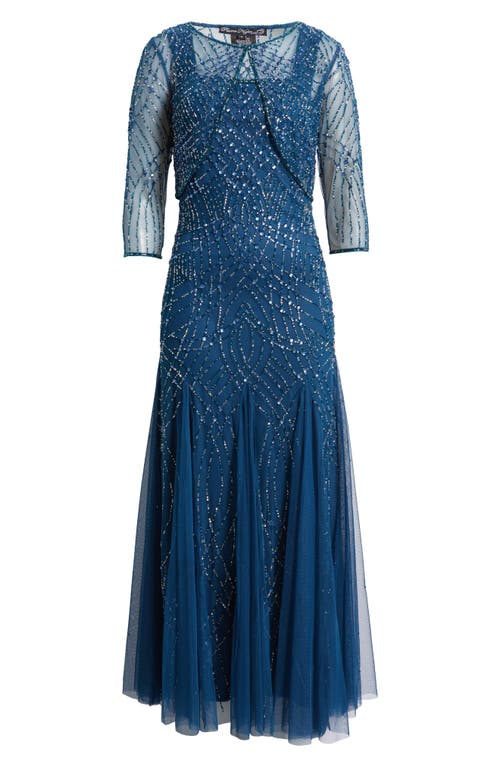 Pisarro Nights Beaded Gown With Long Sleeve Jacket In Petrol Blue