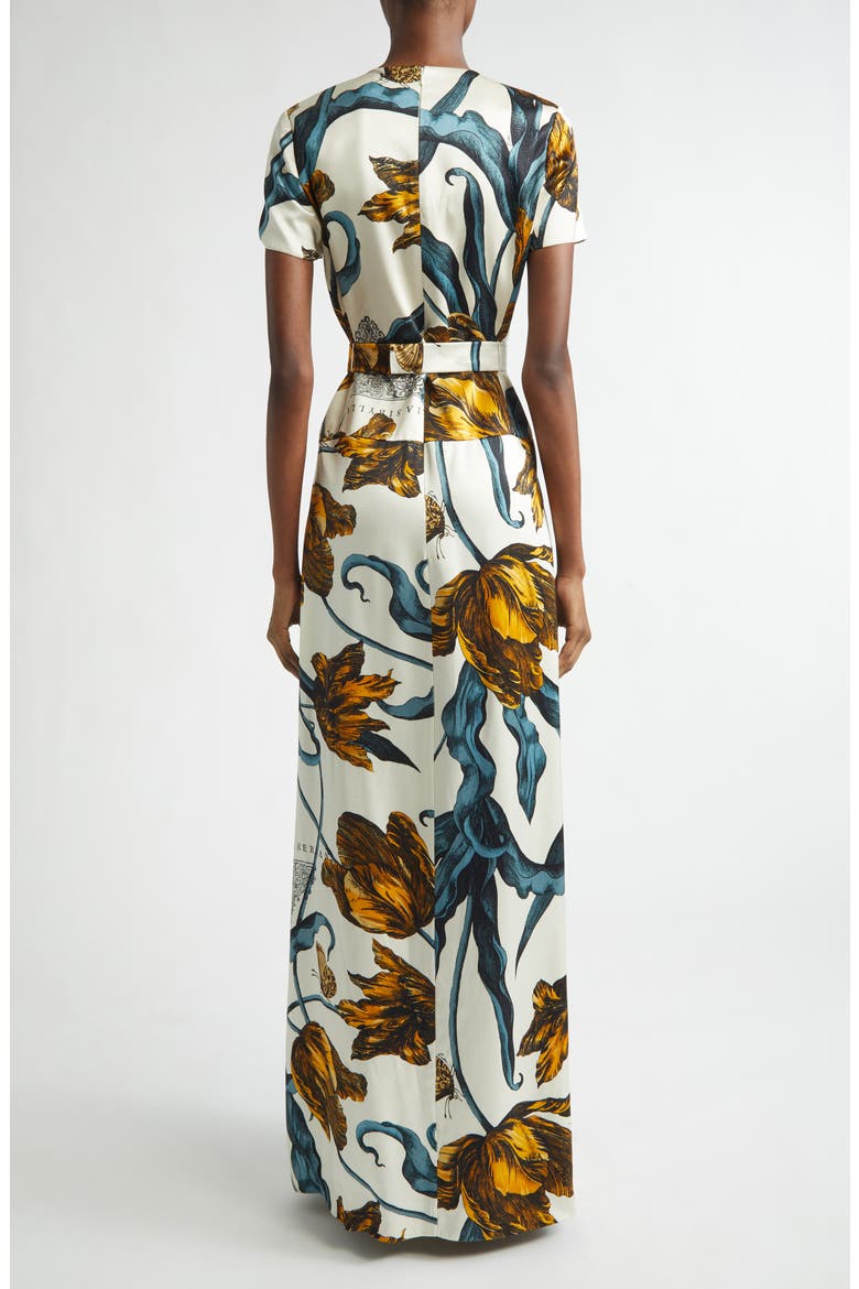 Tulip Print Belted Drop Waist Duchesse Satin Gown, Alternate, color, ETCHED TULIP BRONZE