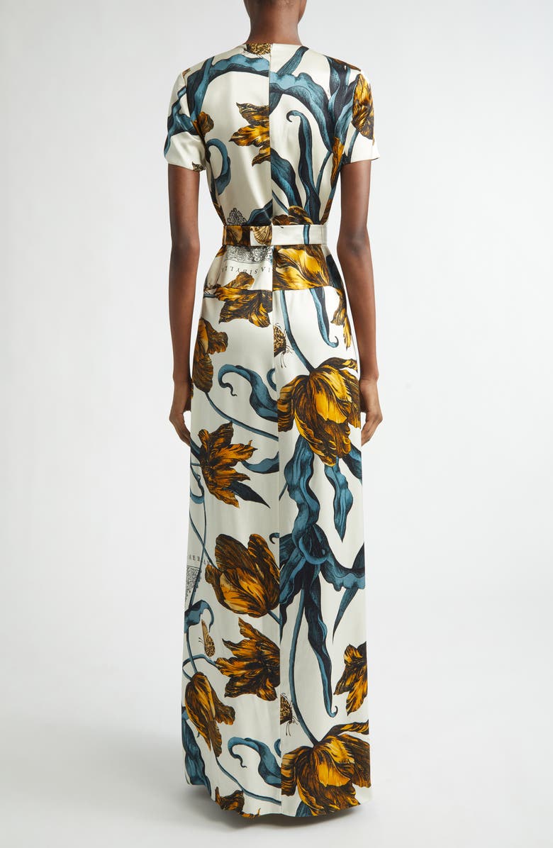 Erdem Tulip Print Belted Drop Waist Duchesse Satin Gown, Alternate, color, Etched Tulip Bronze