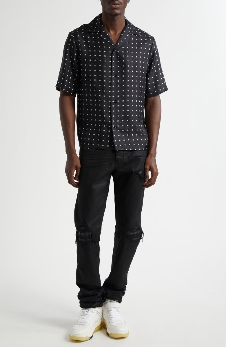 AMIRI Mix & Match Monogram Logo Print Silk Camp Shirt, Alternate, color, Black