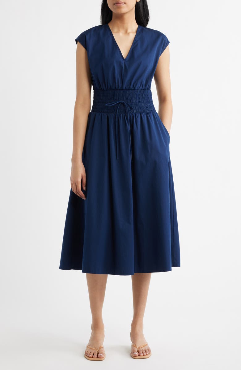 SPANX<sup>®</sup> Smock Waist V-Neck Cotton Midi Dress, Main, color, Timeless Navy
