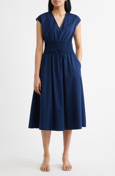 Smock Waist V-Neck Cotton Midi Dress