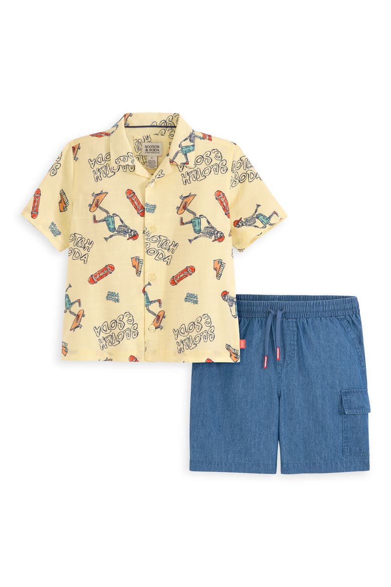 Kids' Camp Shirt & Pull-On Denim Shorts Set, Main, color, LIGHT PASTEL YELLOW