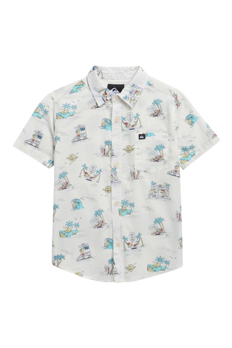 Kids' Surf Doodle Short Sleeve Cotton Button-Up Shirt, Main, color, OFF WHITE
