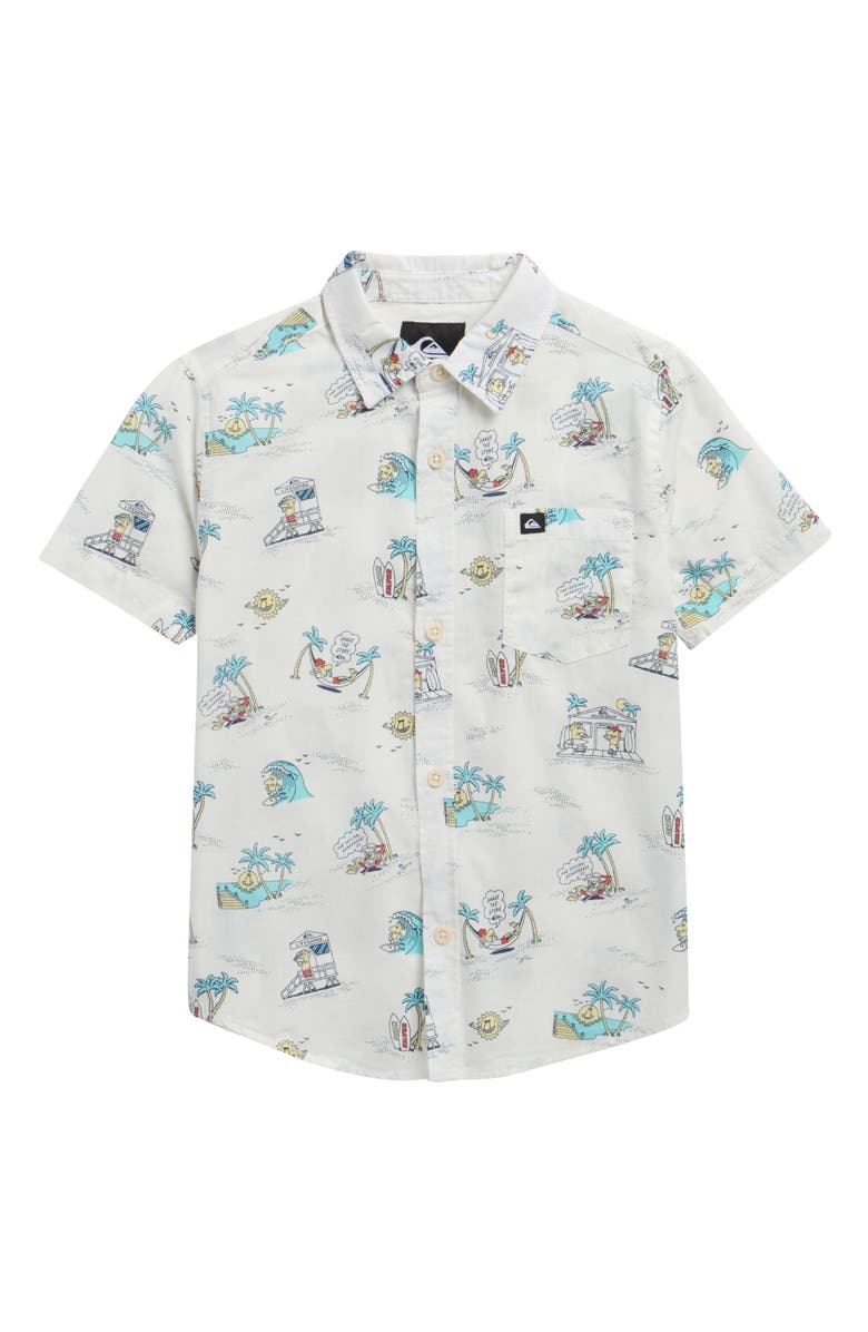 Quiksilver Kids' Surf Doodle Short Sleeve Cotton Button-Up Shirt, Main, color, Off White