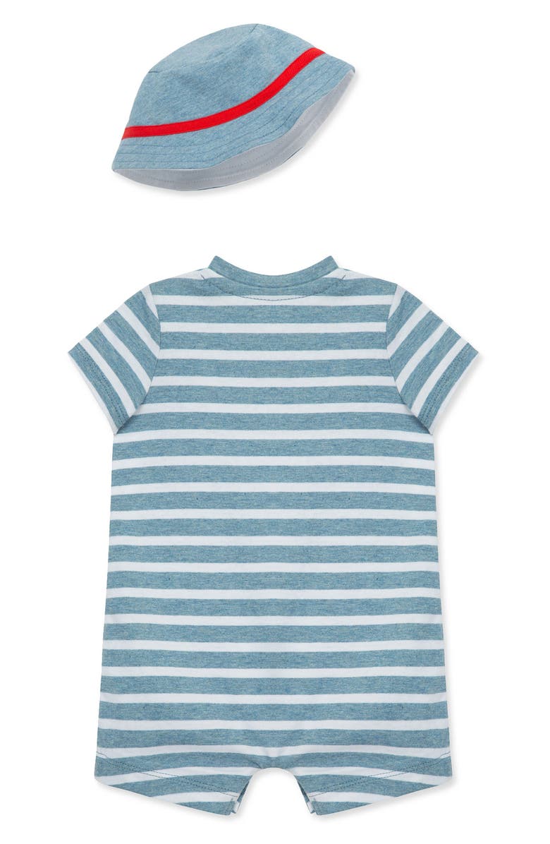 Little Me Baseball Stripe Romper & Bucket Hat Set, Alternate, color, Blue