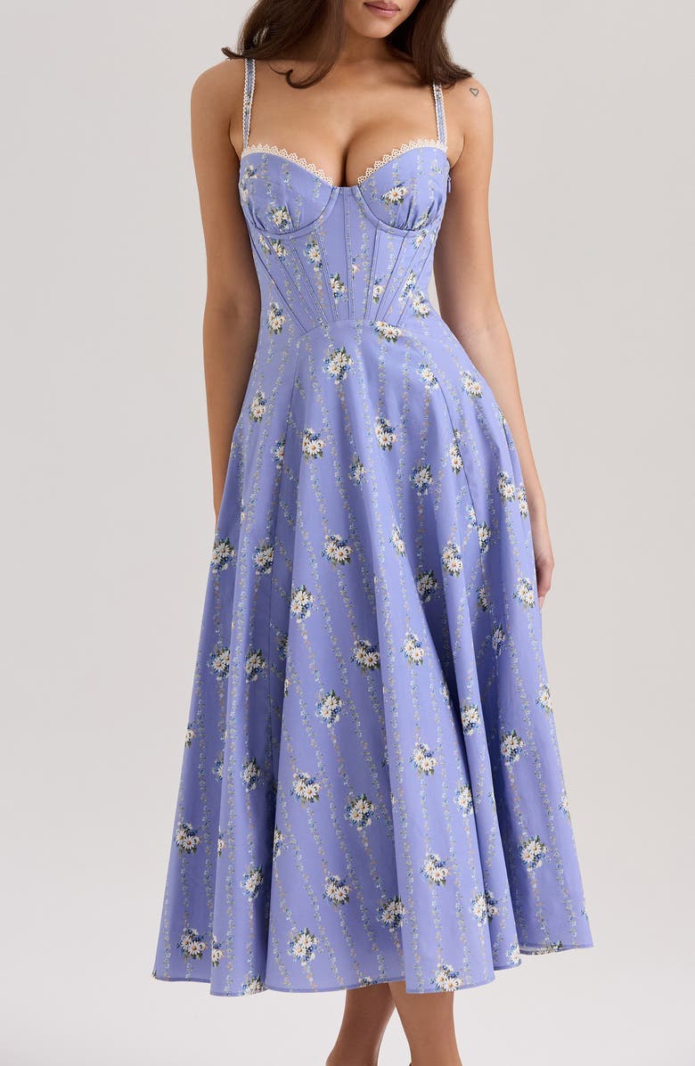 HOUSE OF CB Steffani Underwire Corset Midi Dress, Alternate, color, Daisy Stripe Blue