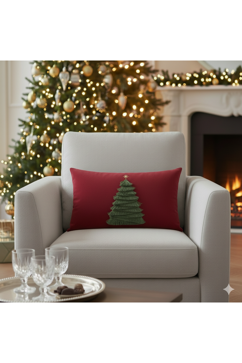 Fraser Fir Handmade Applique Woven Accent Holiday Pillow, Main, color, Ruby