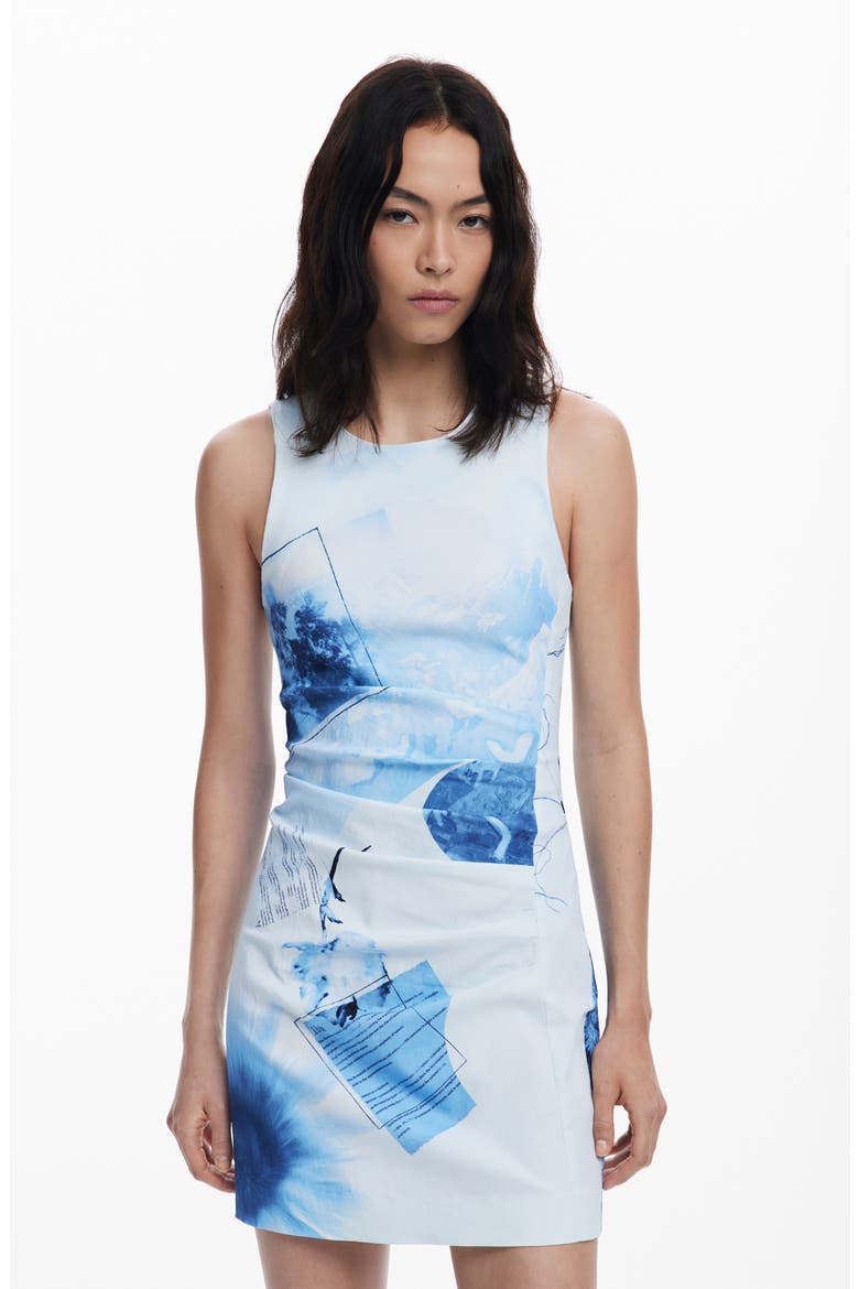 Print Pleated Sleeveless Minidress, Alternate, color, LIGHT BLUE