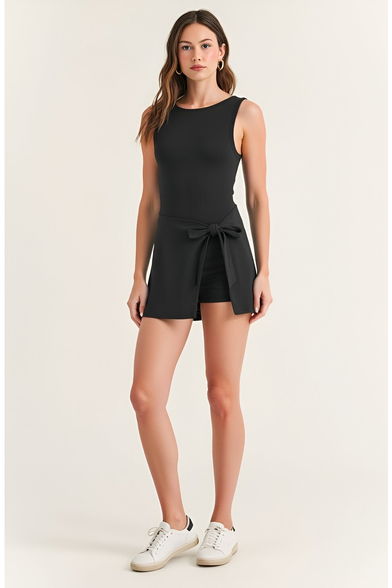 Sleeveless One-Piece Active Dress with Faux Wrap Skirt and Side Tie Detail, Main, color, Black