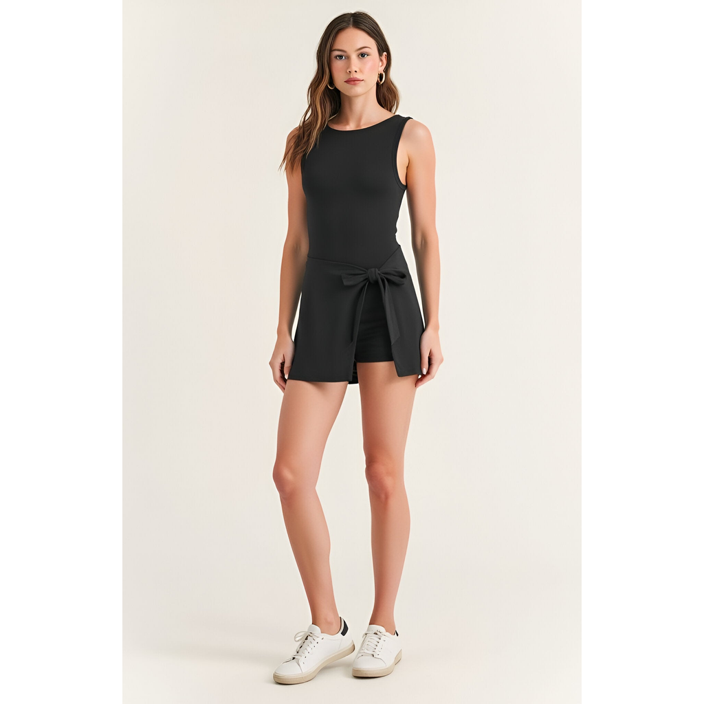Modenaire Sleeveless One-piece Active Dress With Faux Wrap Skirt And Side Tie Detail In Black