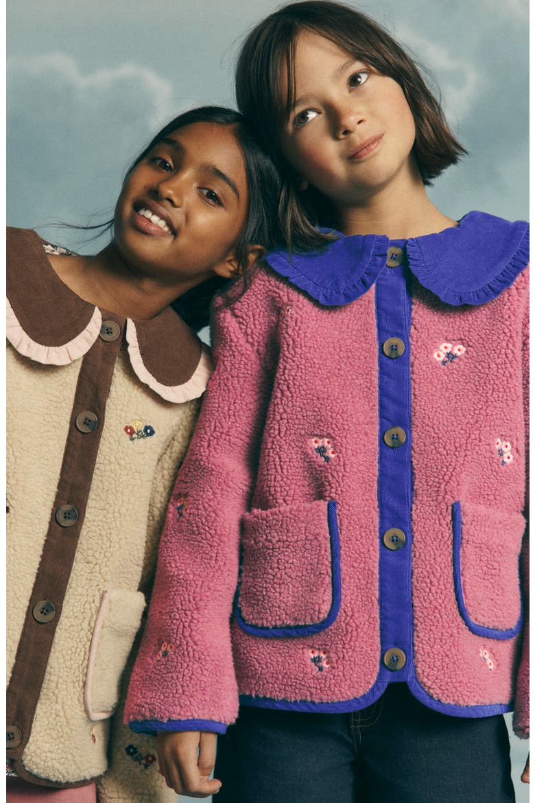 Kids' Embroidered High Pile Fleece Jacket, Alternate, color, PINK HEATHER FLORAL EMBROIDERY