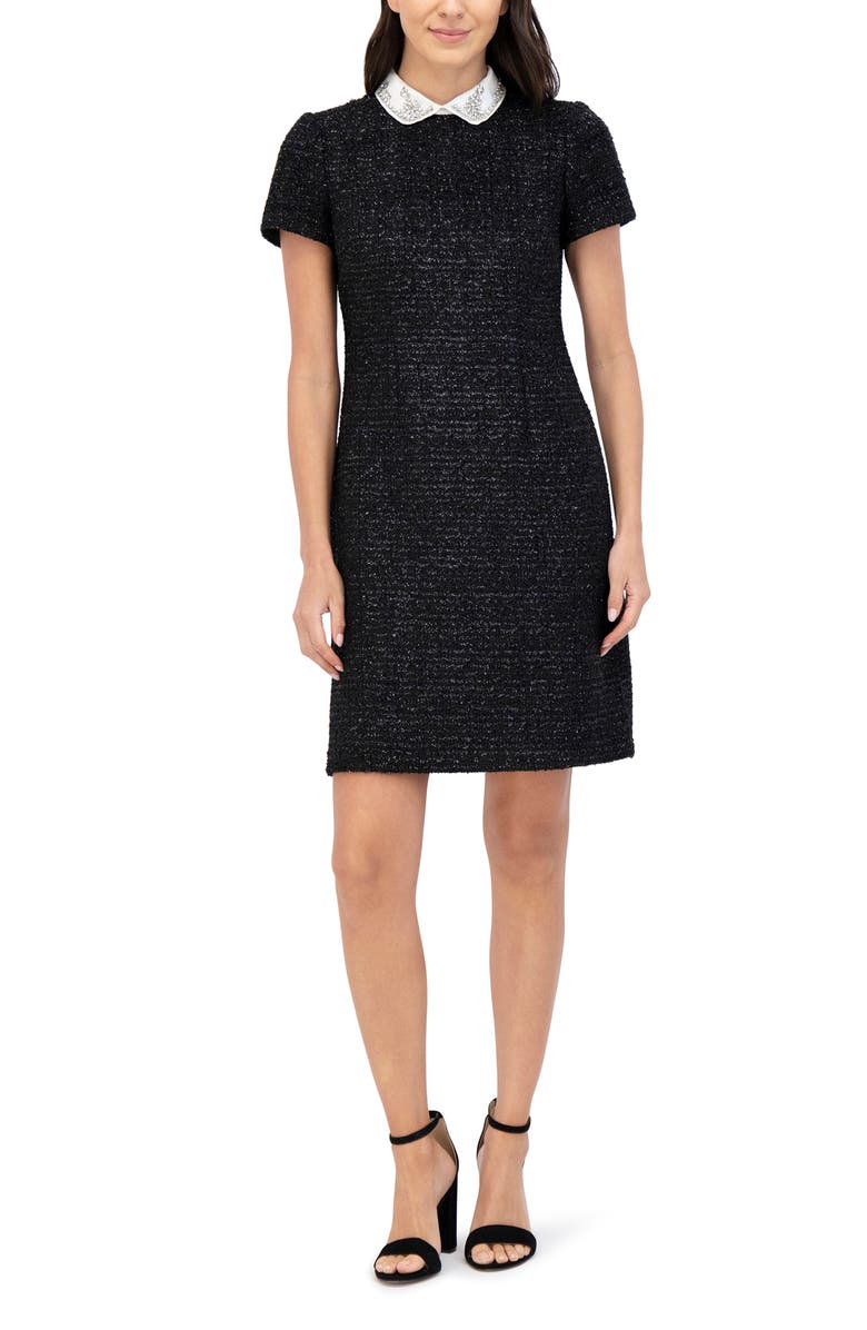 Eliza J Embellished Collar Tweed Shift Dress, Alternate, color, Black