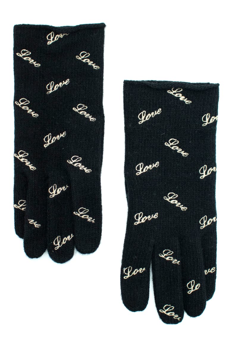 Love Embroidered Cashmere Gloves, Main, color, BLACK/ GOLD