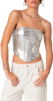EDIKTED Mabel Metallic Faux Leather Corset Top