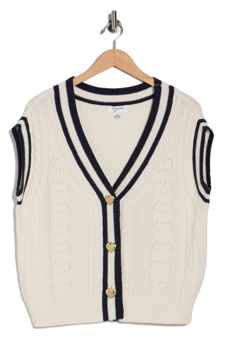 Tipped Cable Knit Sweater Vest, Alternate, color, CREME/ NAVY