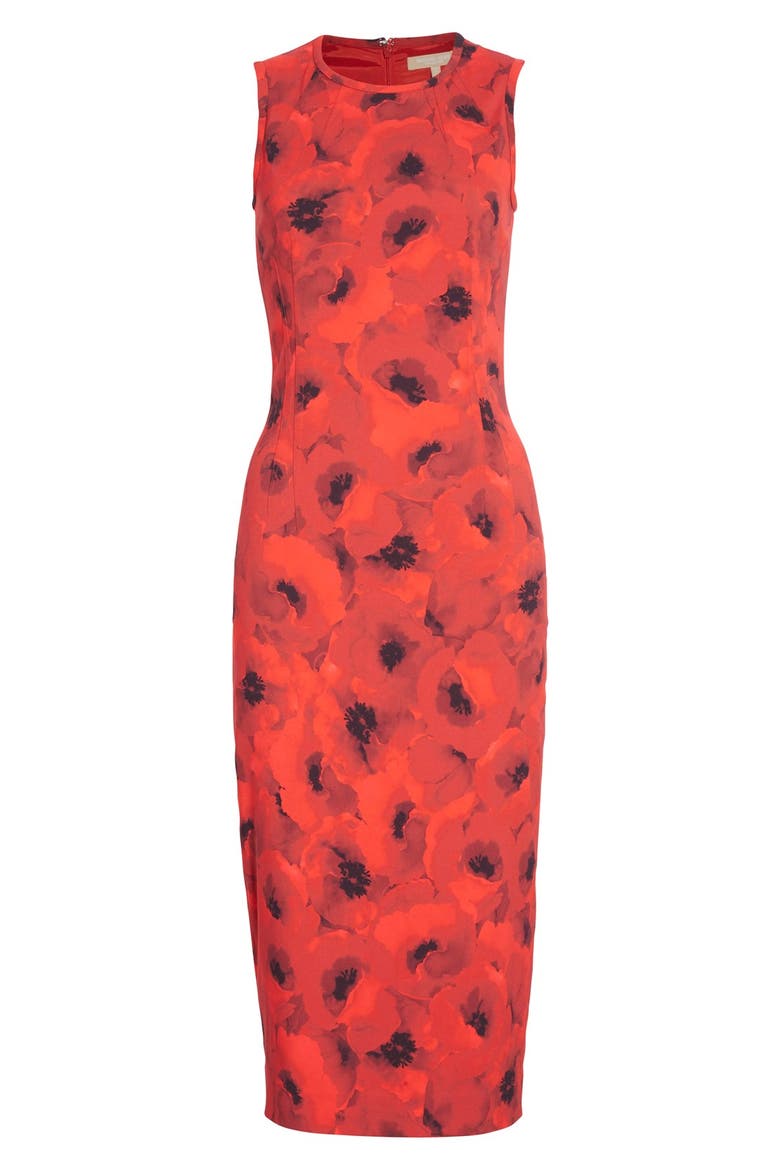 Poppy Print Stretch Jersey Sheath Dress, Alternate, color, CRIMSON