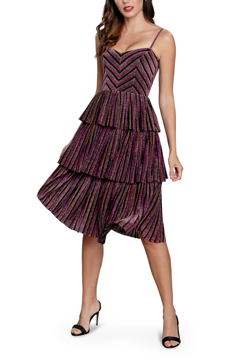 Kathy Glitter Stripe Tiered Ruffle Cocktail Dress, Main, color, AMETHYST MULTI