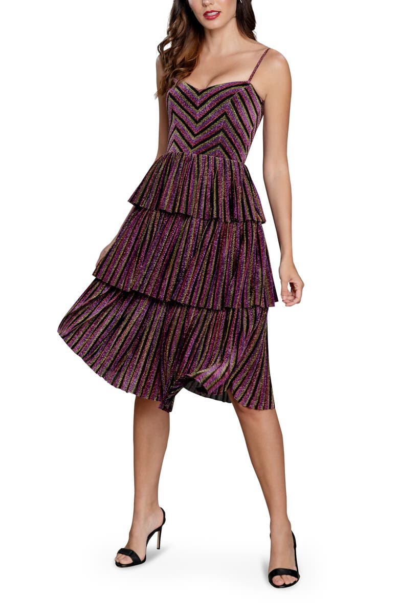 Dress the Population Kathy Glitter Stripe Tiered Ruffle Cocktail Dress, Main, color, 