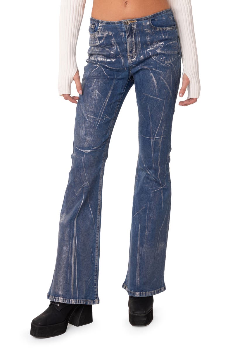 EDIKTED Metallic Coated Low Rise Flare Jeans, Main, color, 