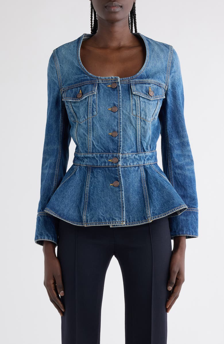 Chloé Denim Peplum Jacket, Main, color, 4A1 Faded Indigo