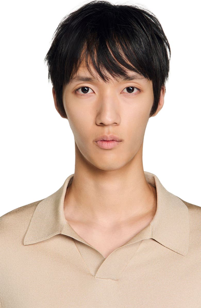 SANDRO Short-sleeved V-neck polo shirt, Alternate, color, Beige